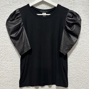 Ariella Black Pleather Puff Short Sleeve Top Women's Size Small Made In USA‎ NWT